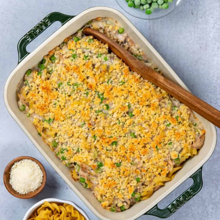 Baked tuna noodle casserole with buttery Parmesan breadcrumb topping fresh out of the oven