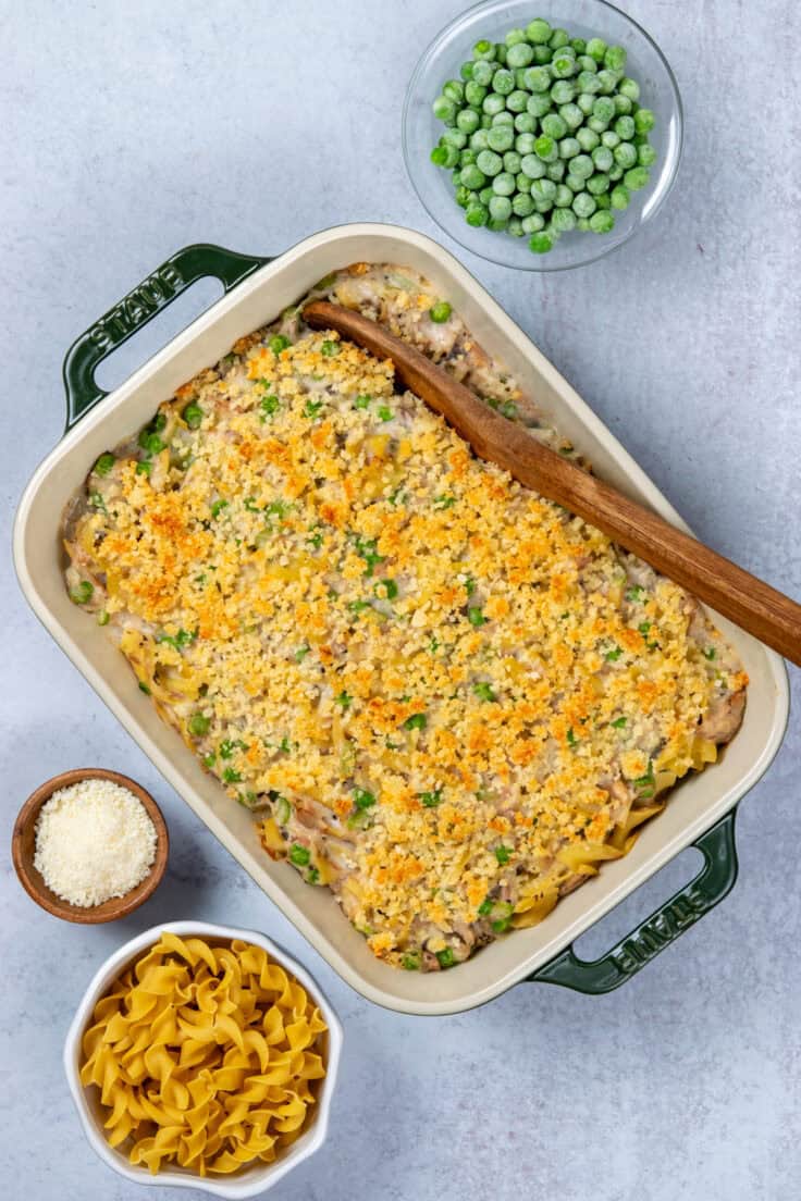 Baked tuna noodle casserole with buttery Parmesan breadcrumb topping fresh out of the oven