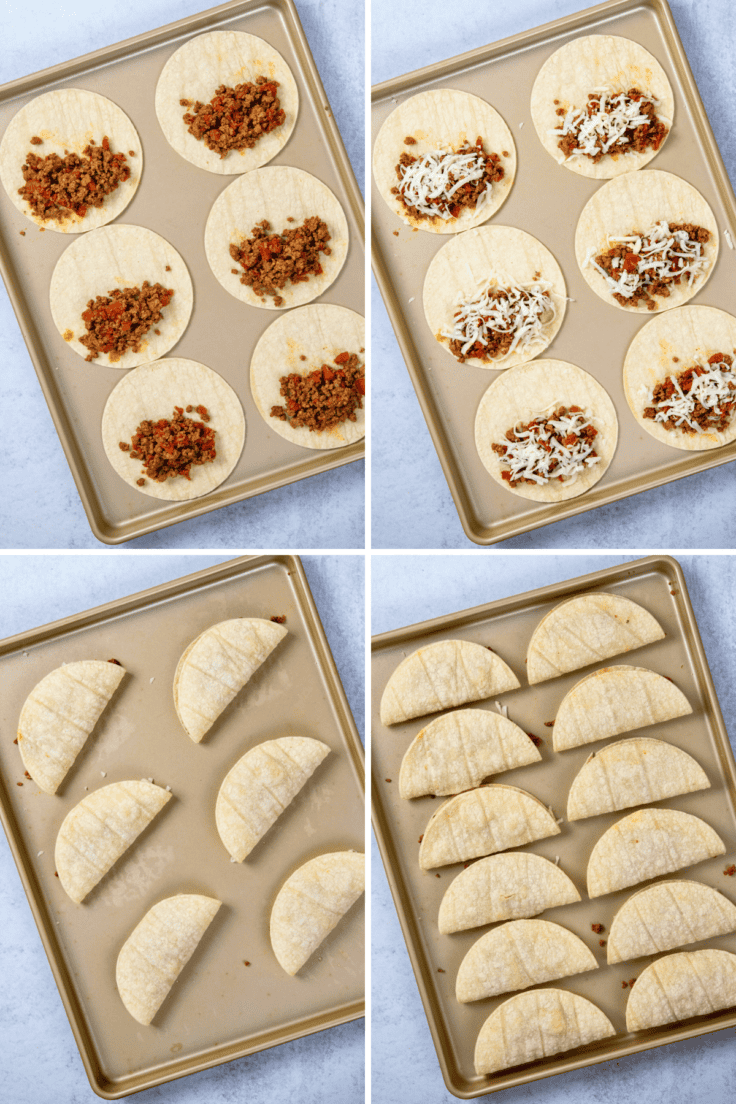 Assembling ground beef baked tacos with cheese on corn tortillas.