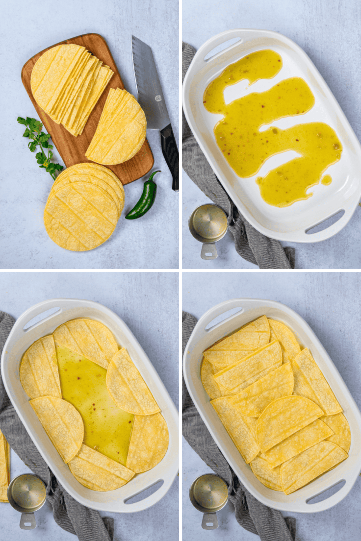 Corn tortillas layered in baking dish for chicken enchilada casserole with corn tortillas.