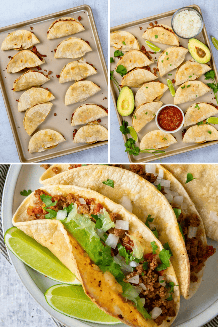 Crispy oven baked beef tacos topped with onion cilantro and avocado.