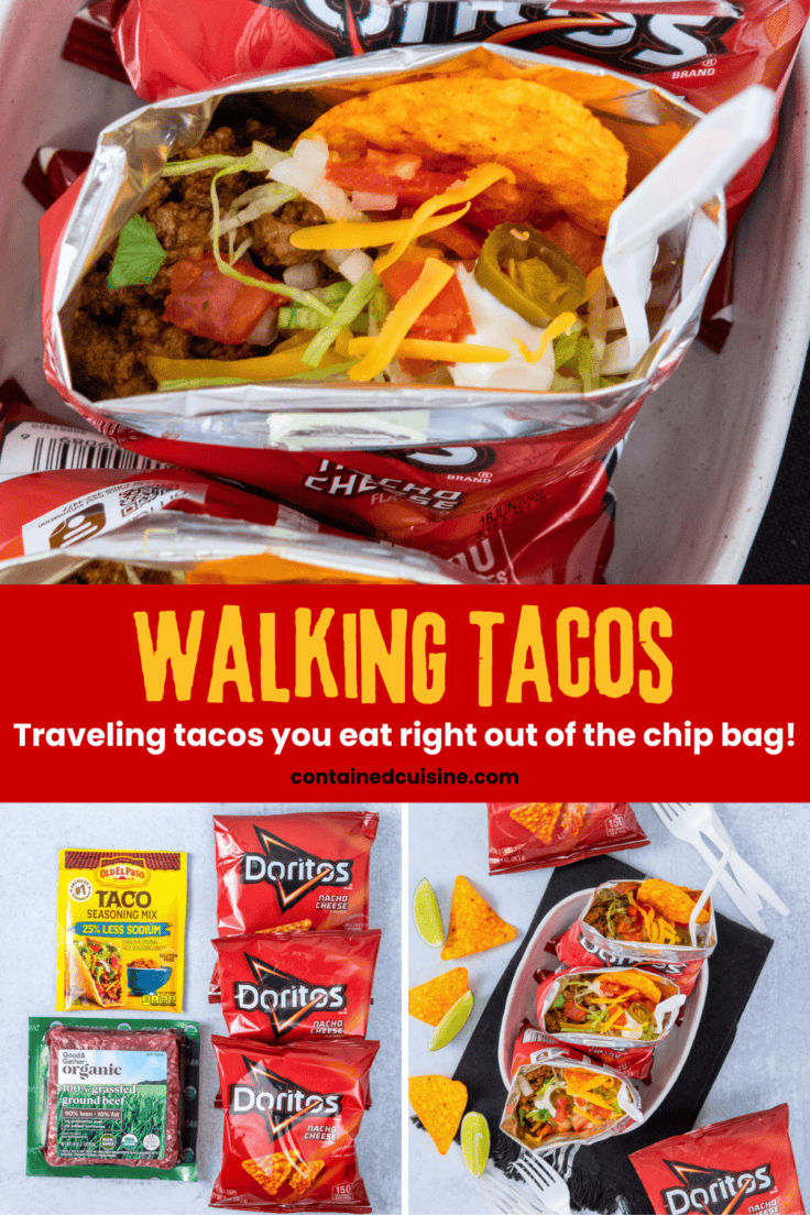 Three-photo collage featuring a loaded walking taco in a Doritos bag with toppings and fork, the ingredients needed for the recipe, and three fully assembled walking tacos ready to eat.