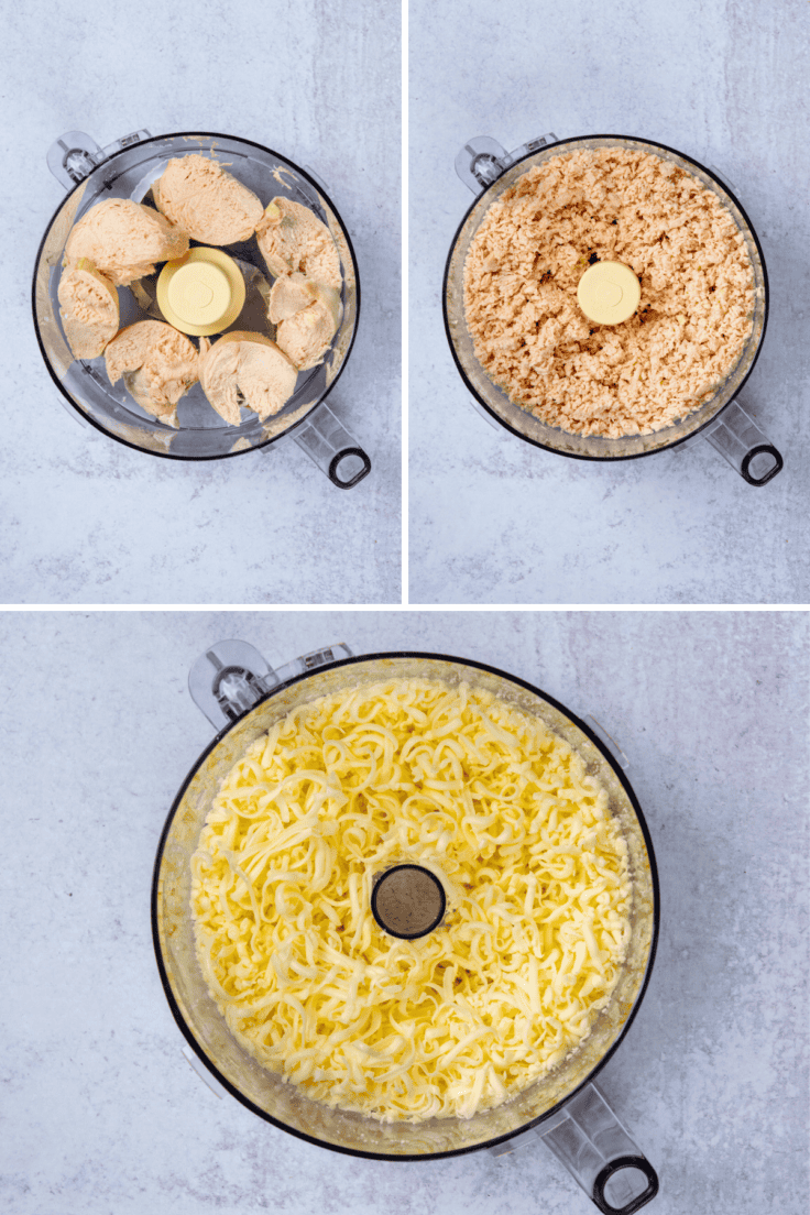 Chopping the cooked chicken and shredding the cheese in a food processor for a chicken enchilada casserole recipe.