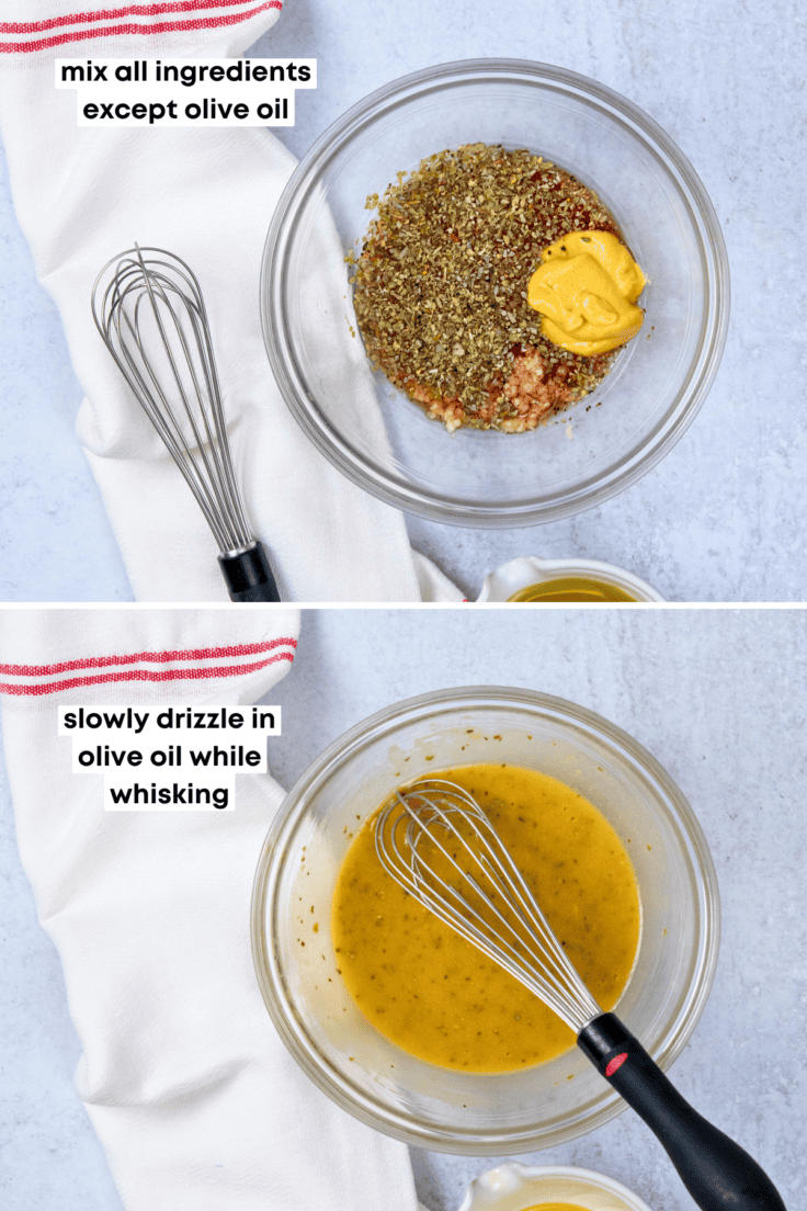 Greek vinaigrette dressing being whisked in a bowl until smooth and emulsified.
