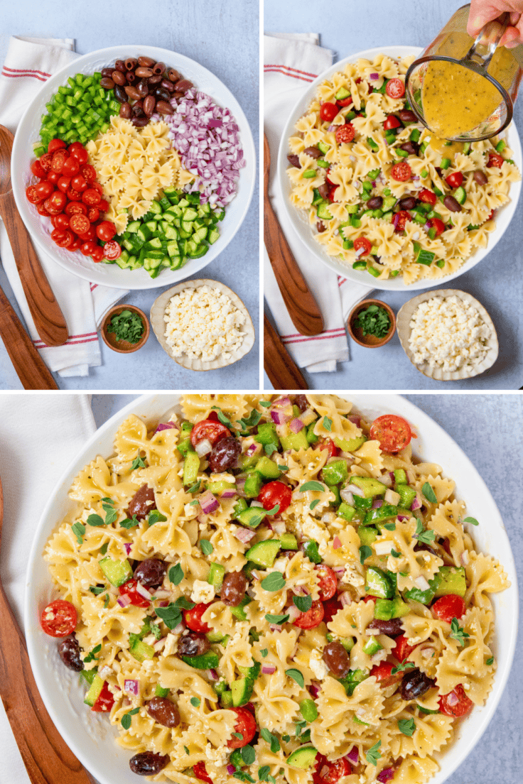 Greek pasta salad ingredients combined in a large bowl with dressing being poured over the top.