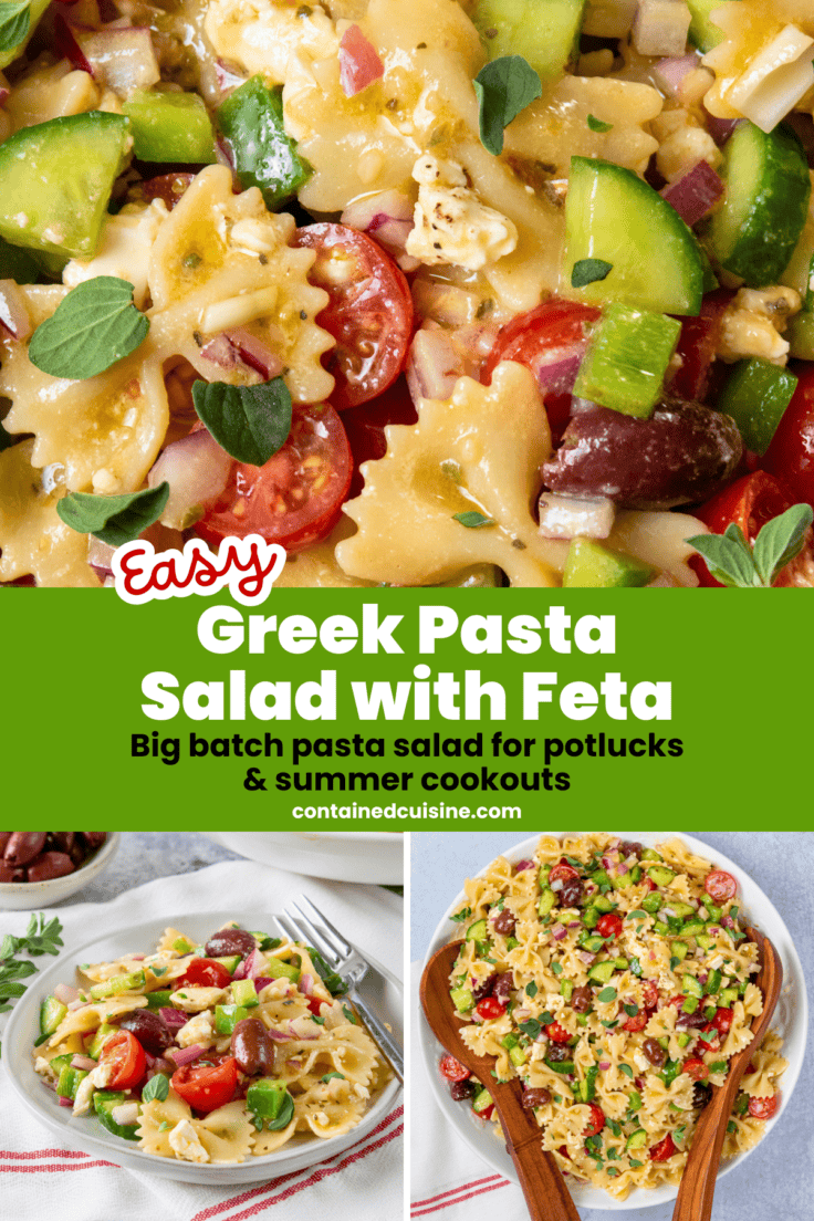Three-image collage of Greek pasta salad showing a close-up with dressing coating the bowtie pasta and feta, a plated serving with a fork, and a full serving bowl.