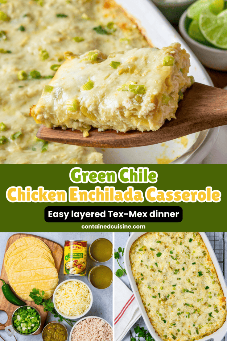 A collage of images showing a slice of the chicken enchilada casserole being removed from the baking dish, the ingredients needed to make the recipe, and an overhead view of the hot cheesy casserole.