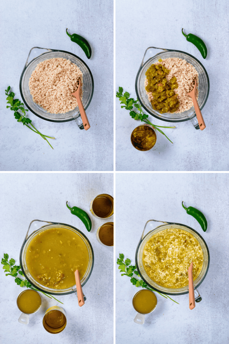Green chile chicken mixture for layered chicken enchilada casserole recipe.