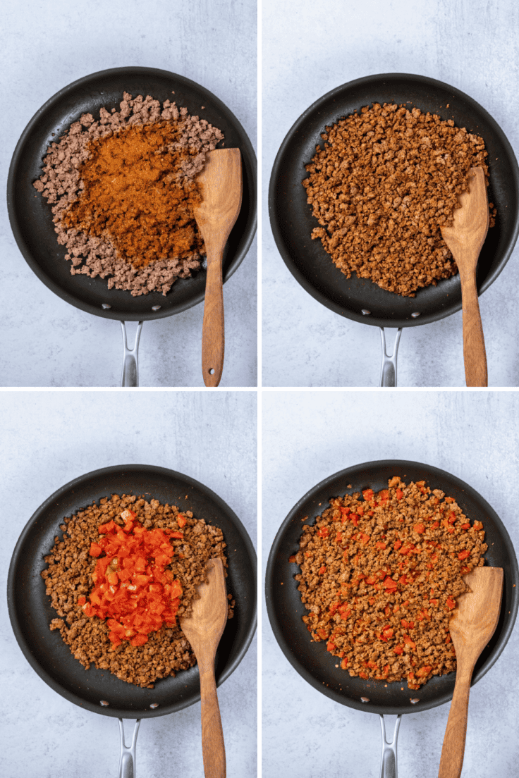 Ground beef taco filling cooking in a skillet for baked beef tacos.