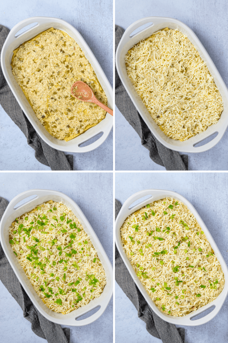 Layering green chicken enchilada casserole with shredded chicken and cheese.