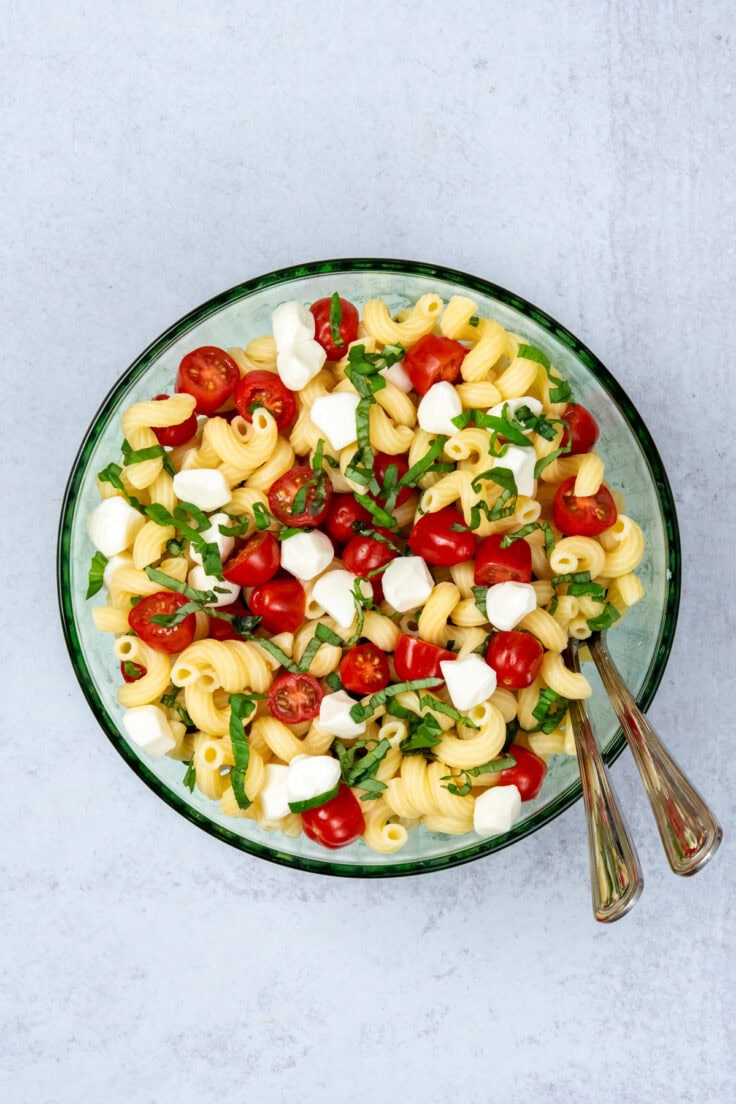 Cooked pasta, sliced tomatoes, basil and fresh mozzarella all tossed together in a big salad bowl.