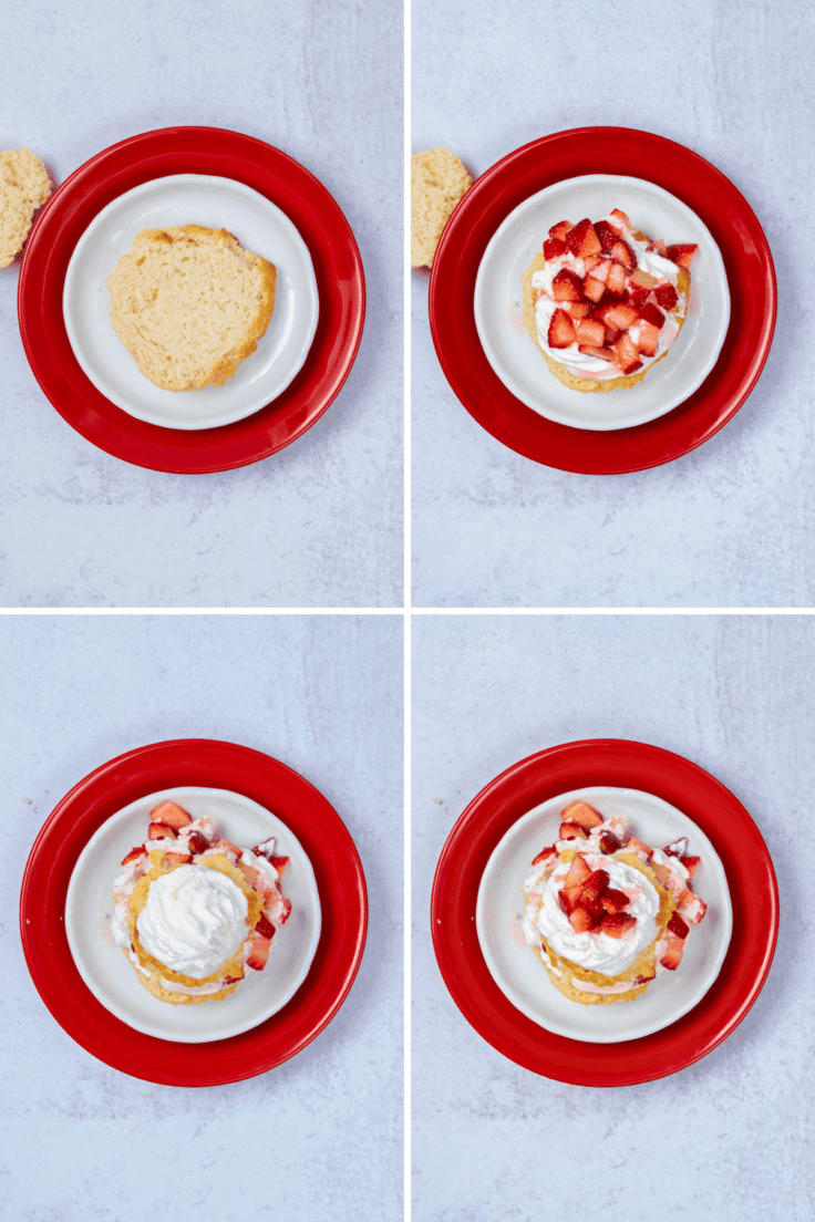 Four photo collage showing how to assemble Bisquick strawberry shortcake by layering biscuit halves with whipped cream, juicy strawberries, and sweet strawberry syrup.