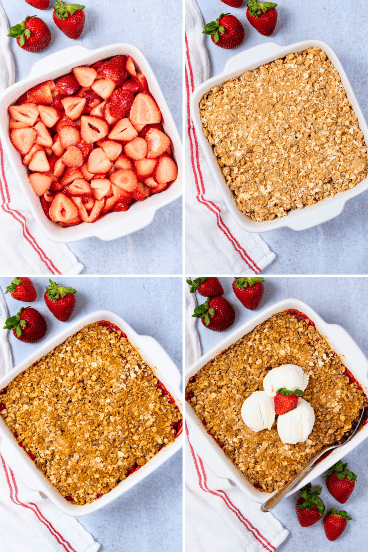 Freshly baked strawberry crisp with golden oat topping and bubbling strawberry filling.