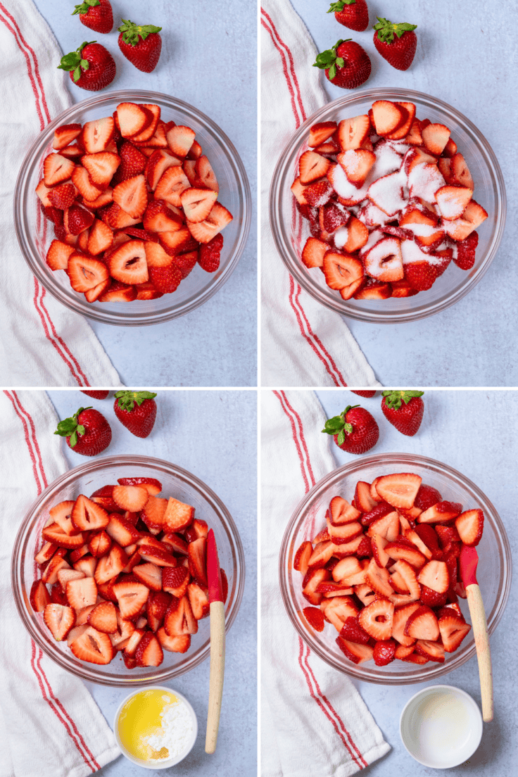 Fresh chopped strawberries mixed with sugar, lemon juice, cornstarch, and vanilla in a bowl for homemade strawberry crisp.