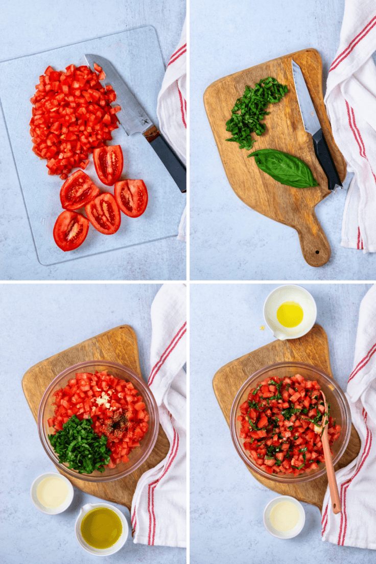 Four-step collage showing tomatoes and basil being chopped and mixed with olive oil and garlic for bruschetta topping.
