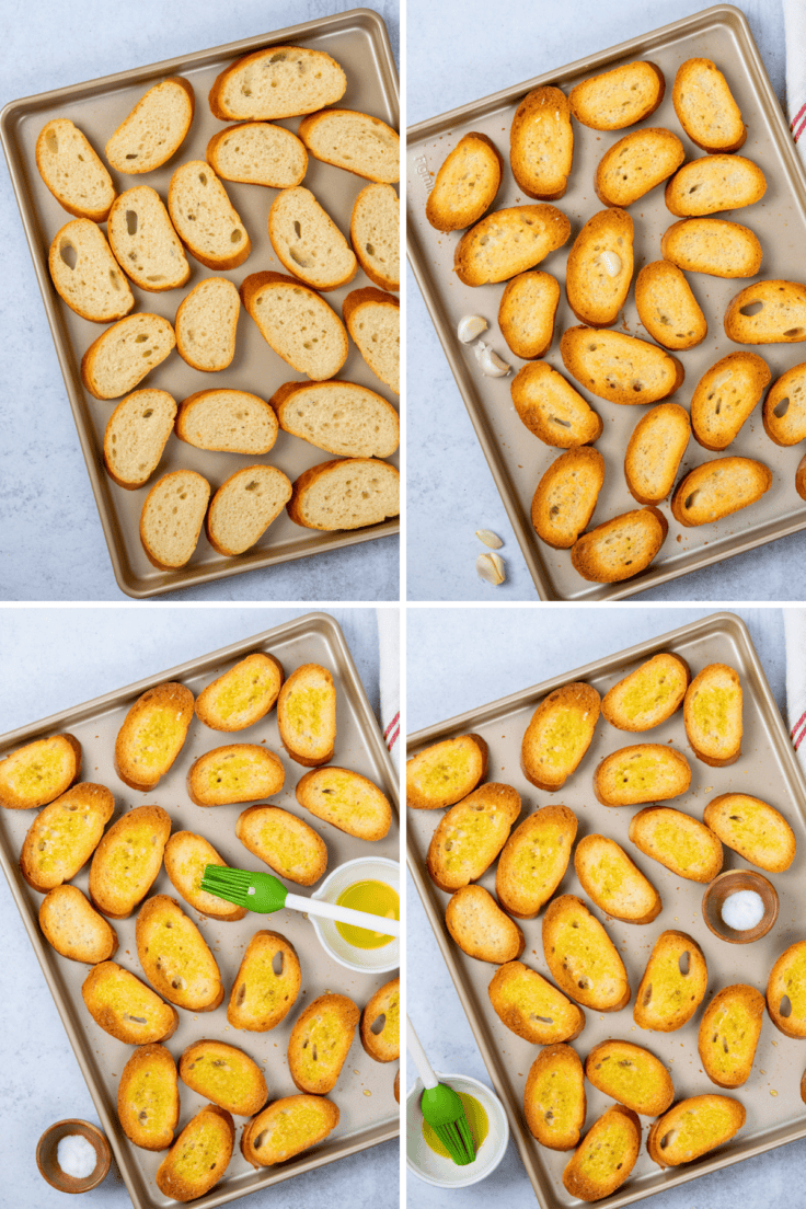 Four-step collage showing bread sliced, toasted, rubbed with garlic, brushed with olive oil, and sprinkled with salt for bruschetta.