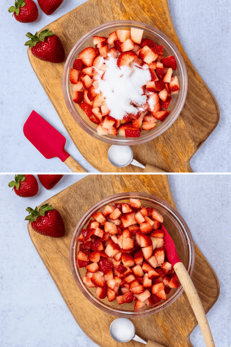 Two photo collage showing diced strawberries topped with sugar in a glass bowl to make syrupy strawberries for Bisquick strawberry shortcake, and the macerated strawberries later that are softened with natural juices extracted.