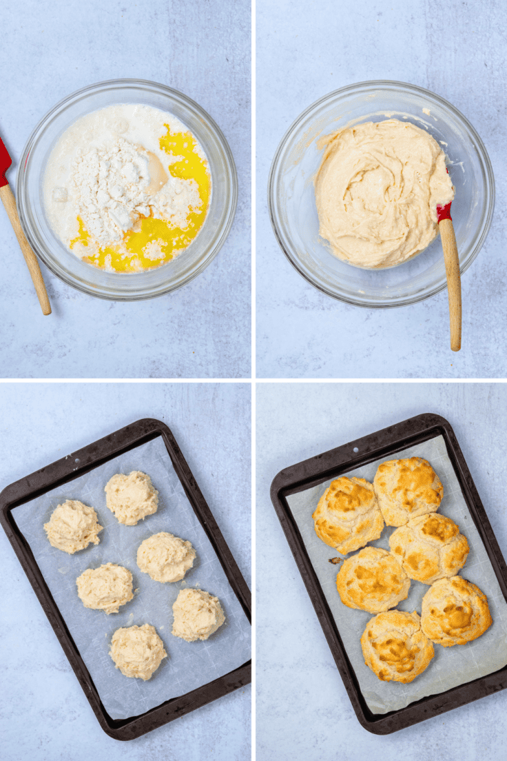 Four-step collage showing Bisquick shortcake dough being mixed, scooped onto a baking tray, and baked until golden brown for strawberry shortcake.