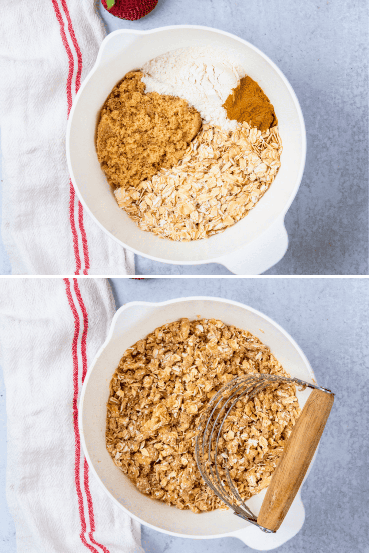 Oat crumble topping with butter being mixed together in a bowl for strawberry crisp.