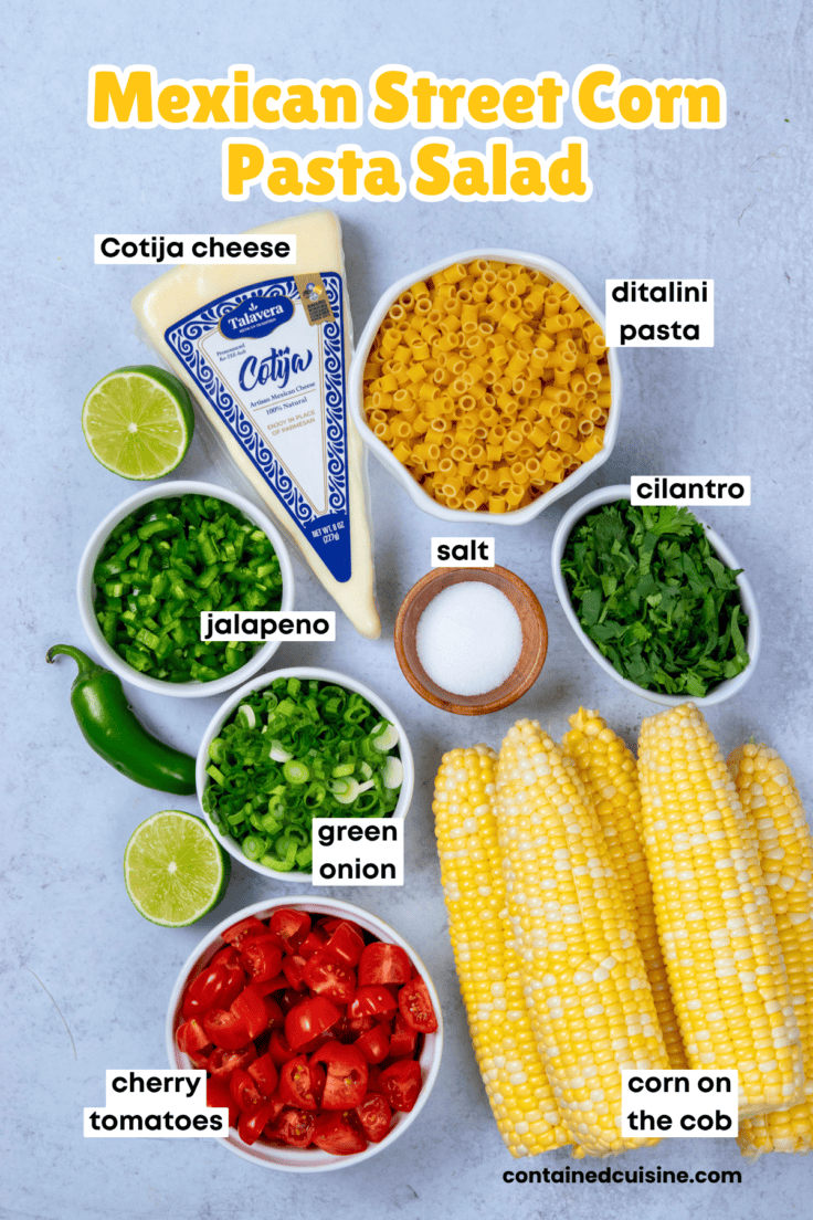 Overhead photo of labeled ingredients for Mexican street corn pasta salad including corn, ditalini pasta, tomatoes, jalapeños, cilantro, green onions, and cotija cheese arranged on a flat surface.