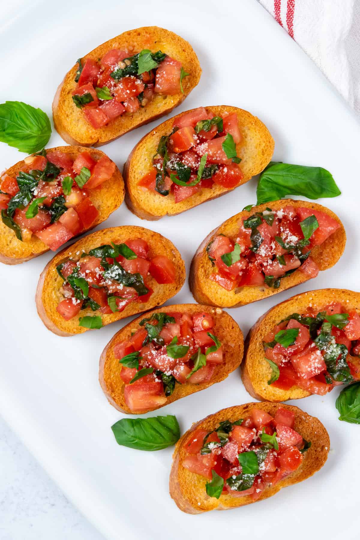 Classic Italian tomato bruschetta piled onto toasted bread on a white platter with fresh basil leaves and grated parmesan cheese on top.