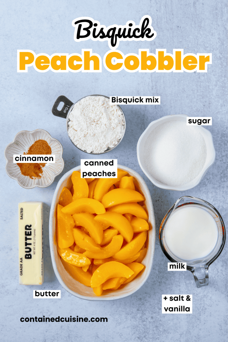 Overhead view of the labeled ingredients needed to make Bisquick peach cobbler with canned peaches.