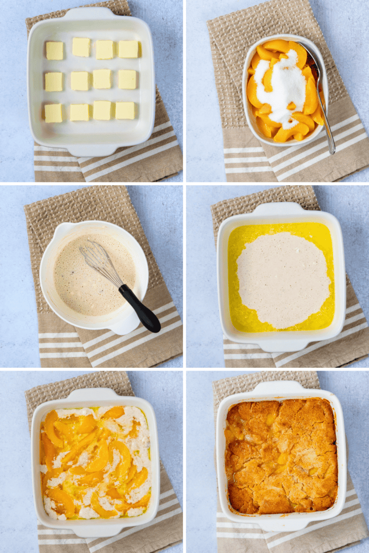 Six-step photo collage showing how to make Bisquick peach cobbler, from preparing the ingredients to the finished baked dessert.
