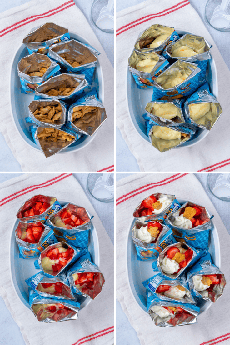 Four-photo grid showing how to make walking strawberry cheesecake, from preparing open Teddy Grahams and Scooby-Doo graham bags to filling them with cheesecake pudding, strawberries, whipped cream, and garnishes.