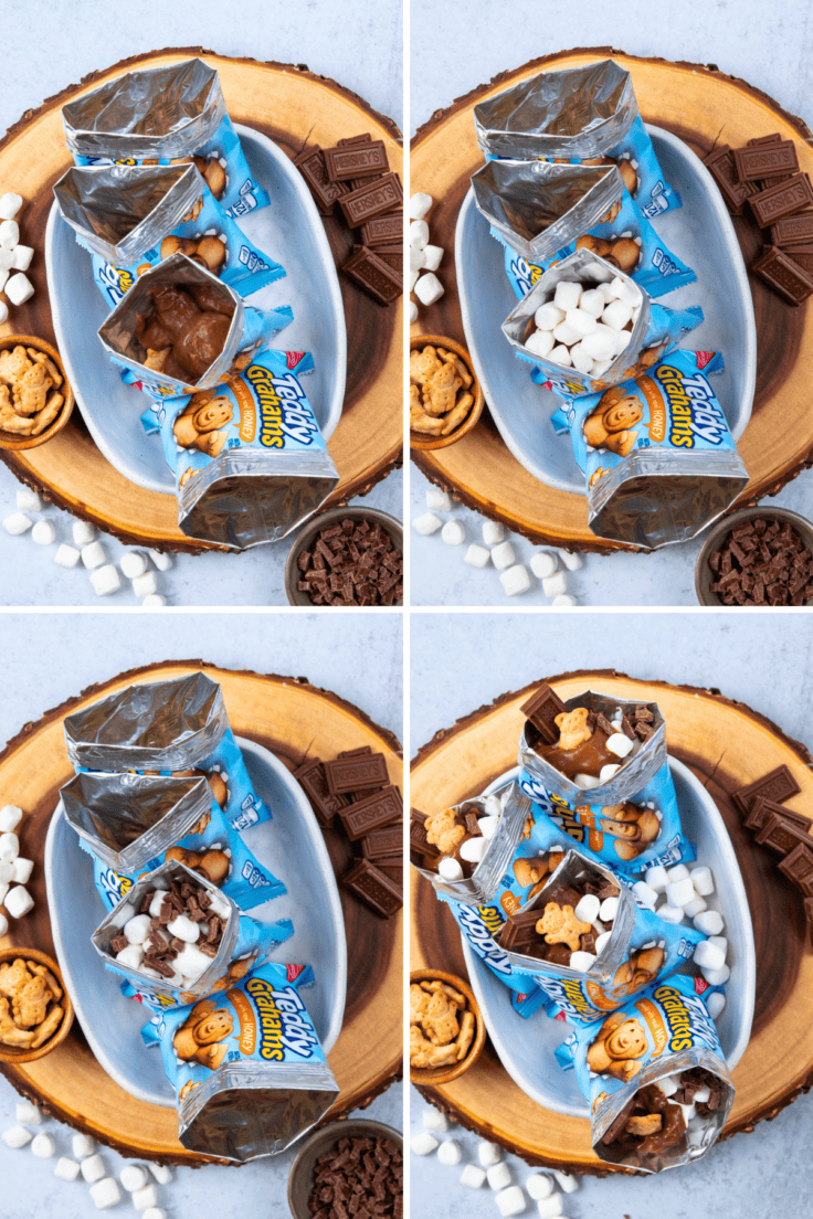 Four-photo collage showing how to make walking s'mores by layering chocolate pudding, mini marshmallows, chopped Hershey's chocolate, and Teddy Grahams inside a snack bag.