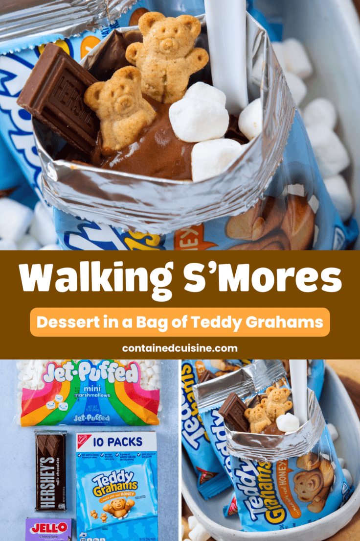 Three-photo collage showing walking s'mores assembly, including a close-up of chocolate pudding with marshmallows and Hershey's chocolate in a Teddy Grahams bag, plus the ingredients used to make the dessert.