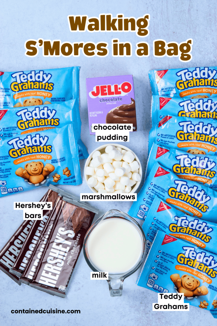 Overhead view of the ingredients for walking s'mores, including Teddy Grahams snack bags, instant chocolate pudding mix, milk, mini marshmallows, and Hershey's chocolate bars.