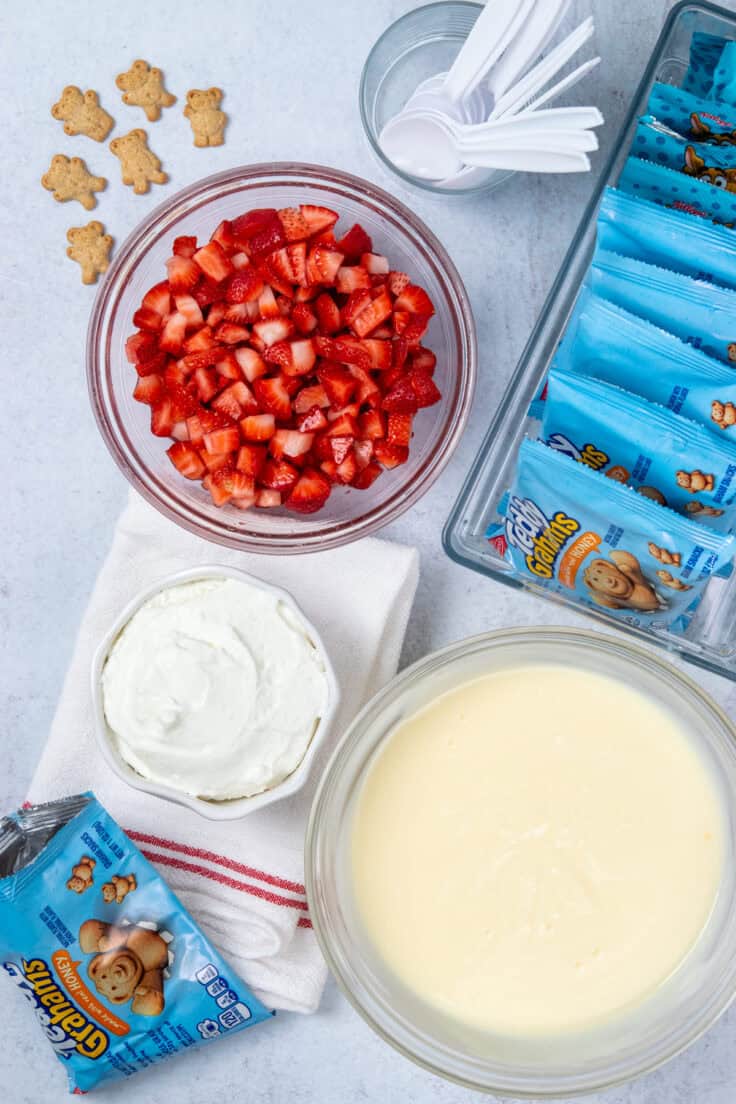 Walking strawberry cheesecake dessert bar with bowls of macerated strawberries, cheesecake pudding, Cool Whip, snack-size Teddy Grahams, Scooby-Doo cinnamon grahams, and disposable spoons ready for guests.