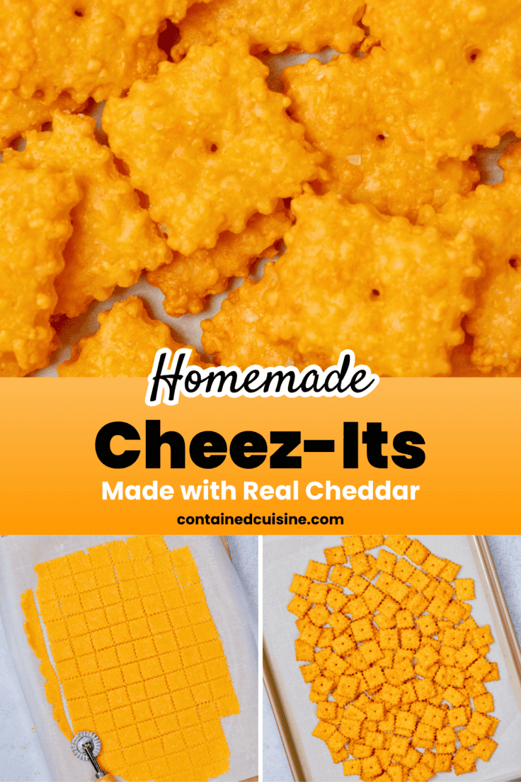 Three-photo collage showing homemade Cheez-Its dough rolled and cut into squares, crackers docked with center holes before baking, and the finished baked crackers.