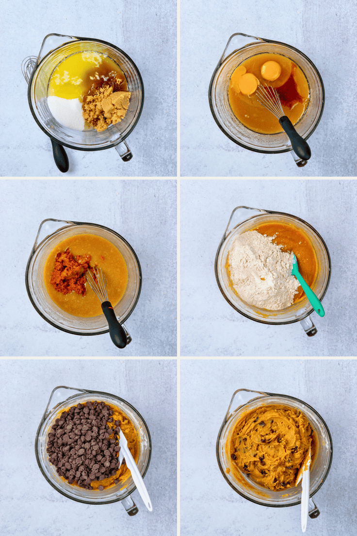 Melted butter, sugars, eggs, vanilla, pumpkin paste, dry ingredients, and chocolate chips are combined to make pumpkin chocolate chip cookie dough.