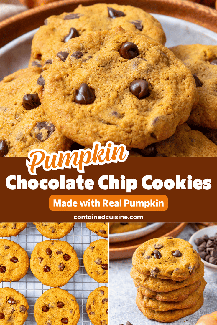 A collage of homemade pumpkin chocolate chip cookies showing the baked cookies on a plate, cooling on a rack, and stacked for serving.
