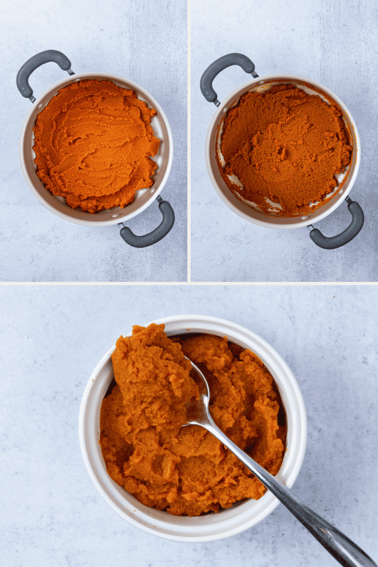Pumpkin puree is cooked in a wide nonstick pan until thick and concentrated for pumpkin chocolate chip cookies.