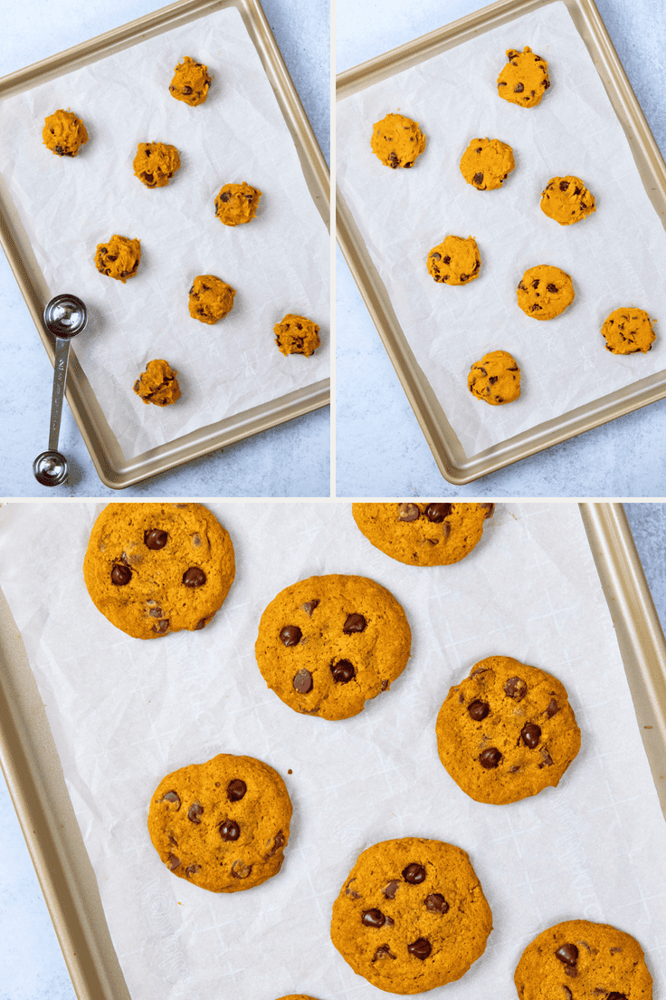 Two-tablespoon pumpkin chocolate chip cookie dough is chilled, flattened into thick pucks, and baked on a parchment-lined sheet.