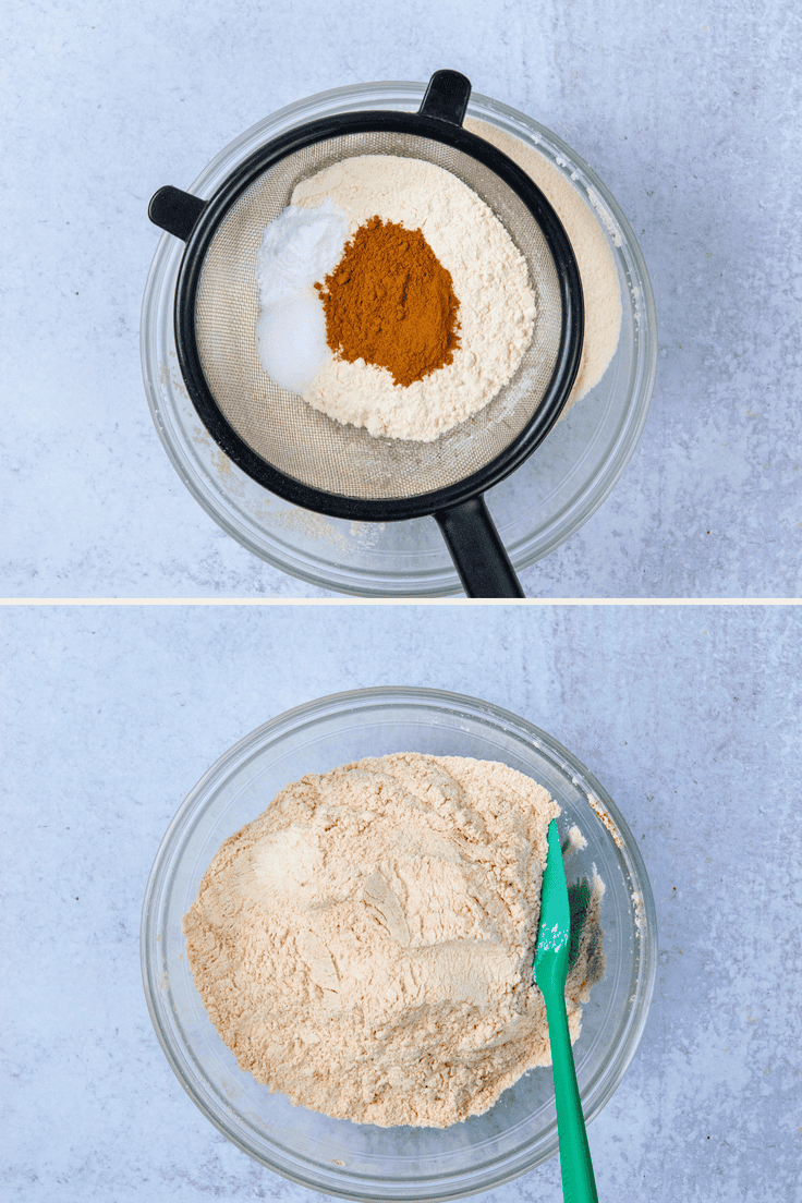 Flour, baking soda, salt, cinnamon, and pumpkin pie spice are sifted together in a bowl for pumpkin chocolate chip cookies.