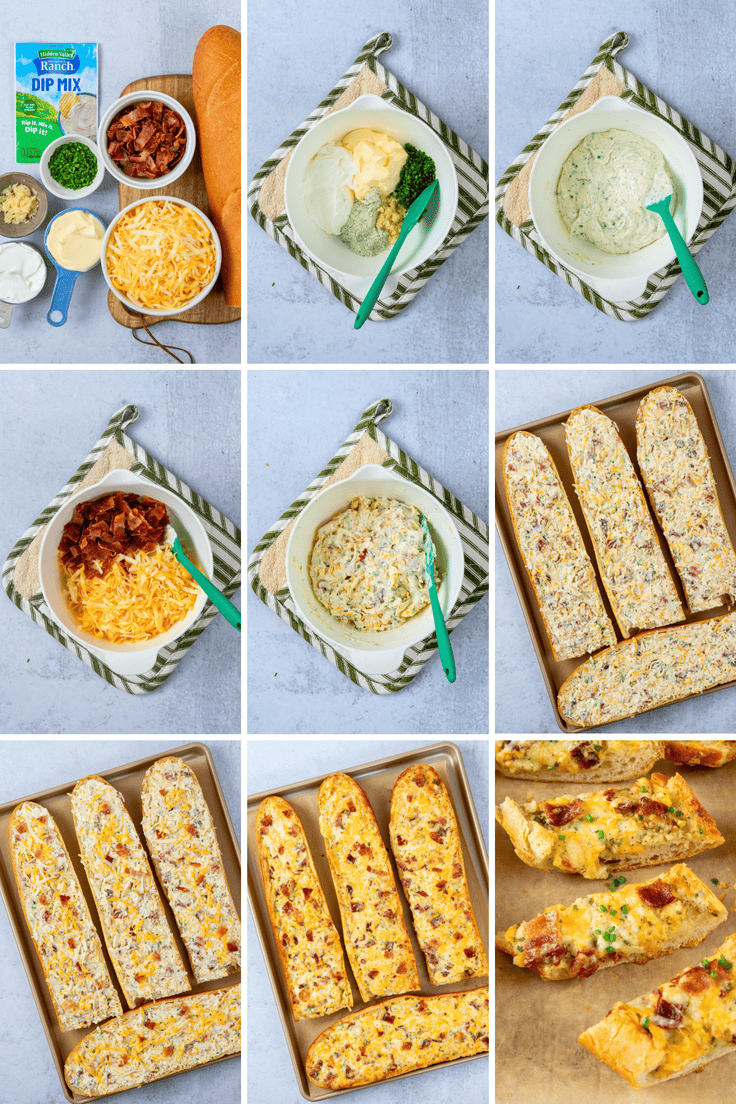 Nine-photo collage showing the steps for making bacon ranch cheese bread, from mixing the ranch, mayonnaise, sour cream, garlic, and chives to adding bacon and cheese, slicing and topping the French bread, baking, and slicing to serve.