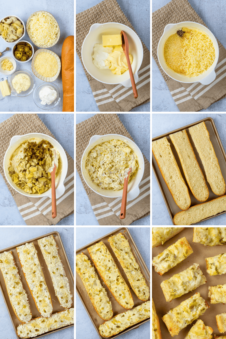 Nine-photo step-by-step collage showing how to make artichoke bread, from mixing the artichoke dip and slicing the French bread to spreading the dip, baking until hot and bubbly, and cutting the finished bread into pieces.