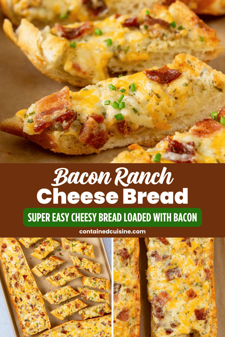 Three-photo collage featuring bacon ranch cheese bread, including a close-up of bacon on melted cheese, four pieces baking on a tray, and a freshly baked loaf with gooey melted cheese.