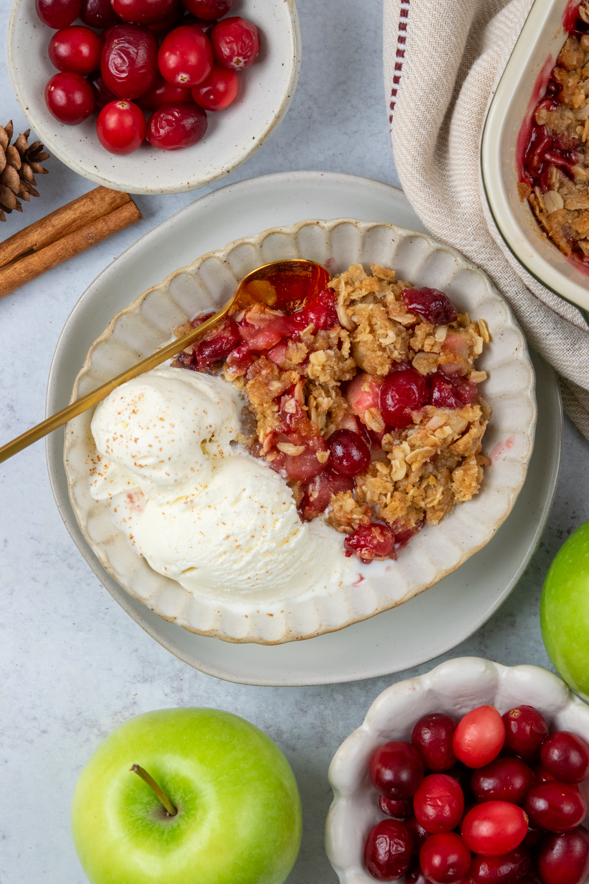 Apple cranberry crisp served in a bowl with melting vanilla ice cream beside a baking dish filled with the fruit dessert, with fresh cranberries and Granny Smith apples arranged nearby.