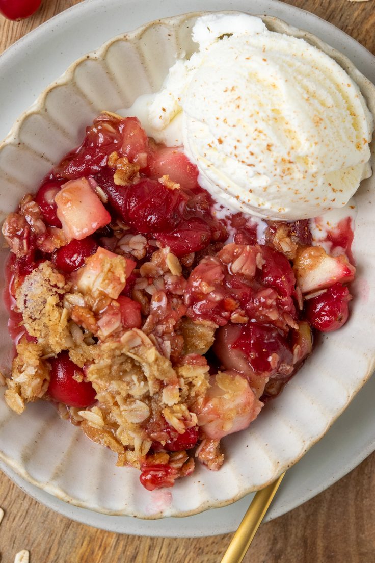 A bowl of warm apple cranberry crisp topped with melting vanilla ice cream, featuring a generous layer of buttery crumble and a juicy filling of tender apples and red cranberries.