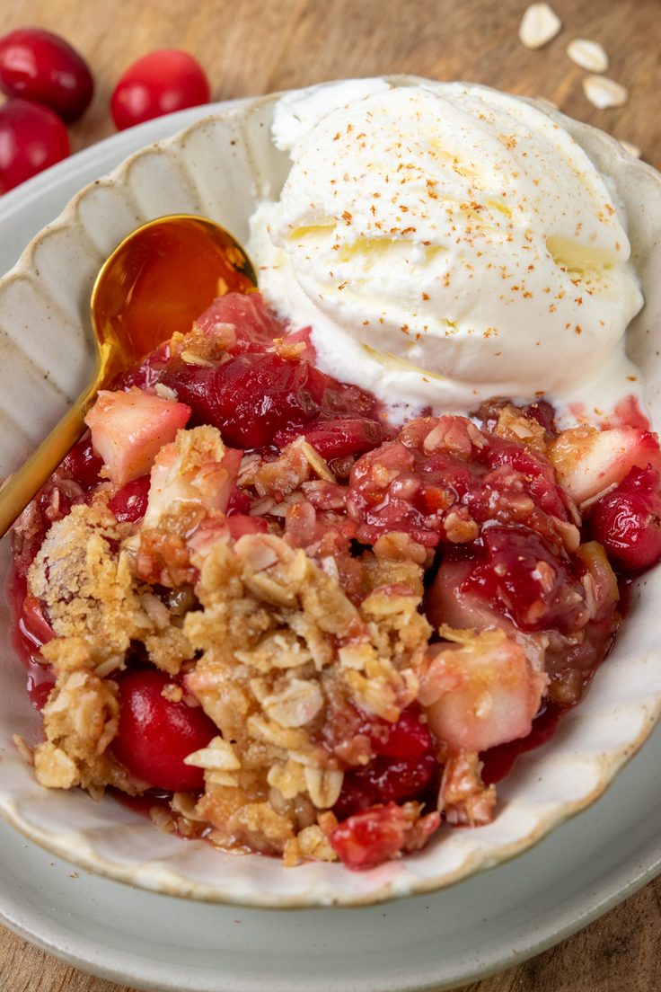 A close-up of warm apple cranberry crisp topped with vanilla ice cream and a dusting of cinnamon, showing the juicy apple and cranberry filling beneath a generous layer of buttery crumble.
