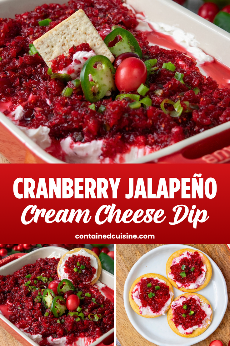 Cranberry jalapeno cream cheese dip served with buttery crackers for a festive holiday appetizer, with creamy cheese topped with bright red cranberry relish and spooned onto crackers for Thanksgiving or Christmas entertaining.