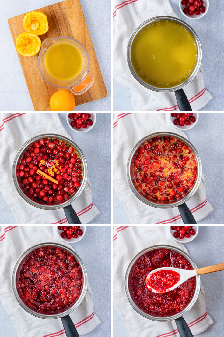 Step-by-step photos of homemade cranberry orange sauce cooking in a saucepan, from juicing oranges and dissolving sugar to adding cranberries, orange zest, salt, and cinnamon, then simmering and mashing softened cranberries until the sauce thickens.