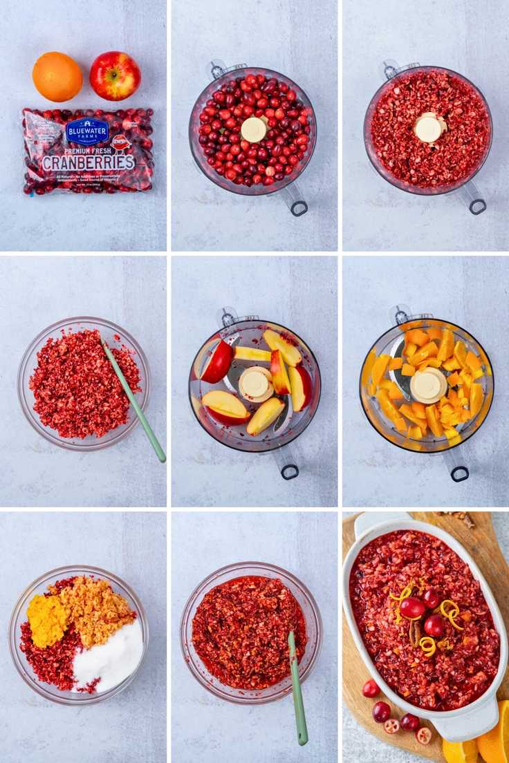 A nine-photo step-by-step collage showing how to make homemade cranberry relish by chopping fresh cranberries, apple, and orange in a food processor, mixing in sugar and cinnamon, and preparing the relish for serving.