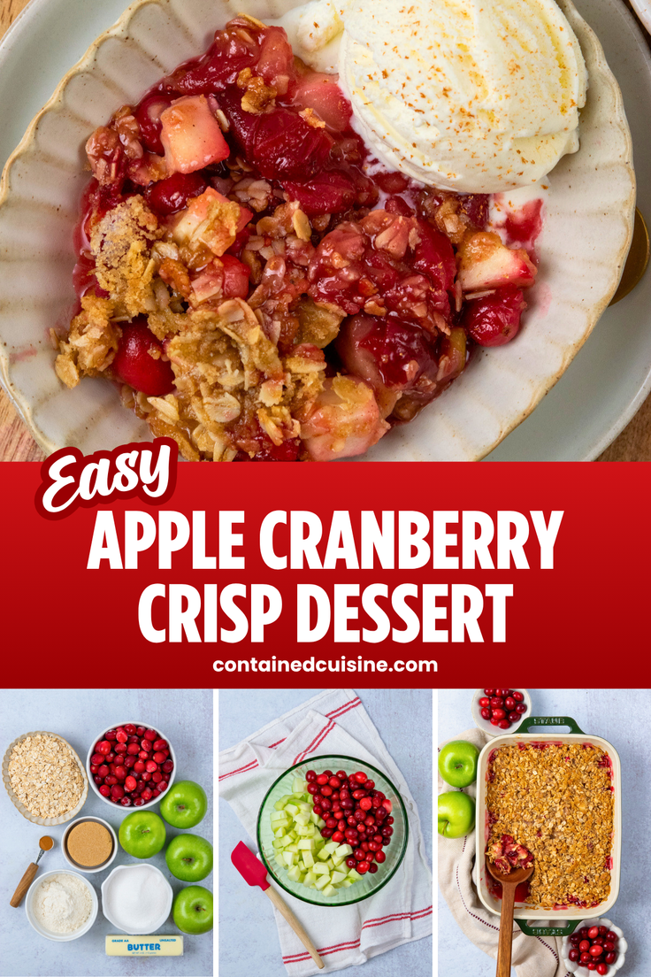 Easy apple cranberry crisp dessert with a generous brown sugar oat topping over gooey apples and burst cranberries, served warm with melting vanilla ice cream. Fresh ingredients, a mixing bowl of chopped apples and cranberries, and a baking dish with a serving spoon show how to make this fall dessert.