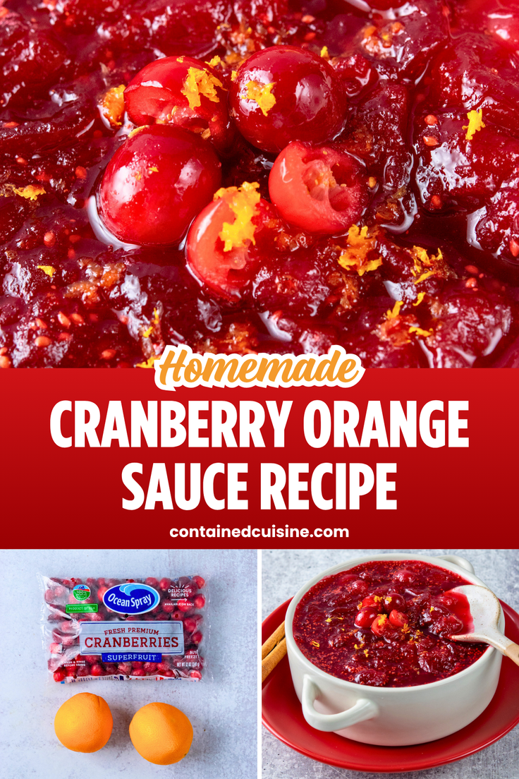 Homemade cranberry orange sauce with a thick, deep red texture and fresh orange zest, made with whole cranberries and juicy oranges for a flavorful Thanksgiving and Christmas side dish.