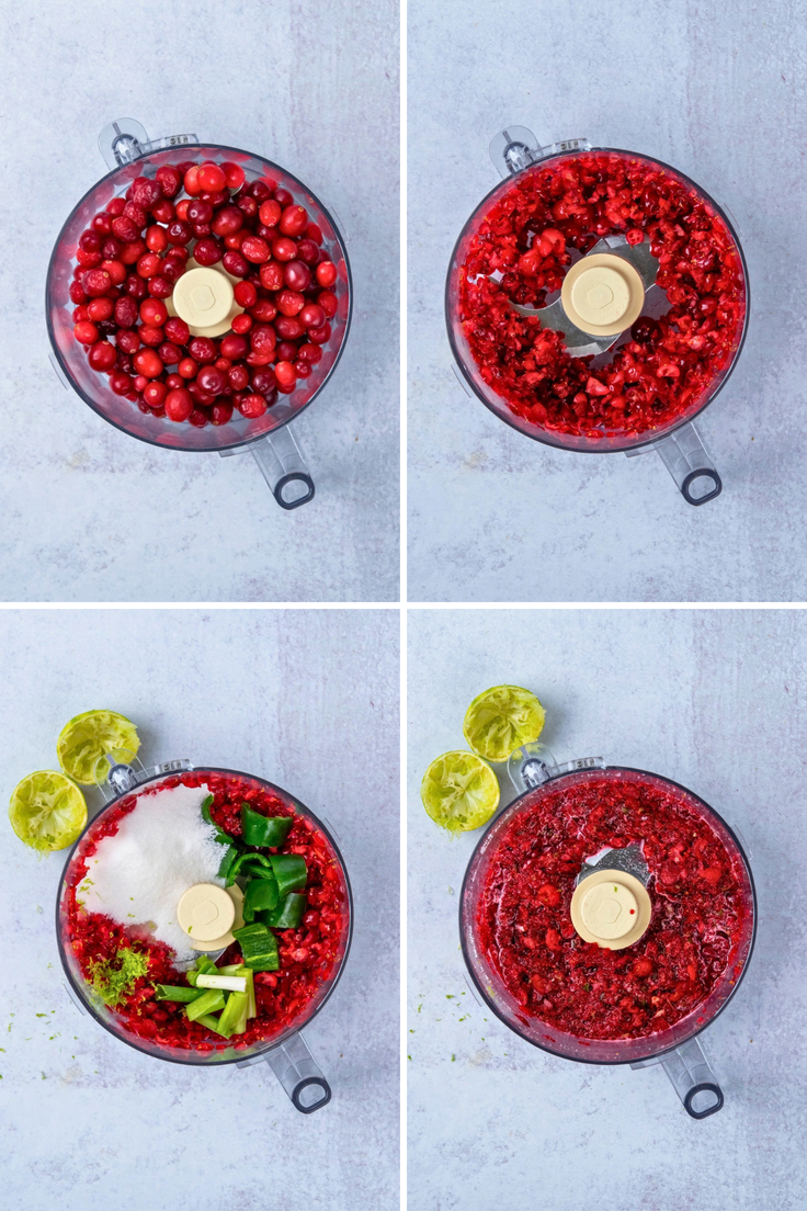 Step-by-step preparation of cranberry jalapeno topping in a food processor, starting with whole cranberries, chopping the fruit, adding jalapenos, green onion, sugar, and lime, and finishing with finely chopped cranberry relish.